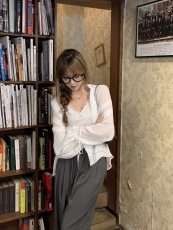 实拍实价~长袖压褶衬衫女法式设计感小众上衣外套+宽松直筒裤套装