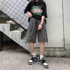 批发实拍实价 抽绳束腿五分牛仔裤男夏季宽松破洞水洗短裤男女<b class='q'>潮</b>