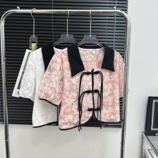 实拍 国风复古盘扣流苏撞色翻领短款提花衬衫女夏季别致减龄上衣