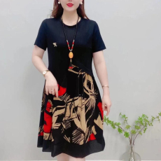批发夏季新款拼接短袖连衣裙中老年女装洋气时尚遮肚显瘦妈妈装中长裙