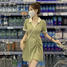 茶歇法式Polo连衣裙夏季小个子收腰显瘦设计感小众抽绳t恤裙子女