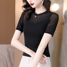 批发2026夏季新款网纱短袖t恤女内搭修身黑色蕾丝<b class='q'>打底衫</b>紧身黑色上衣