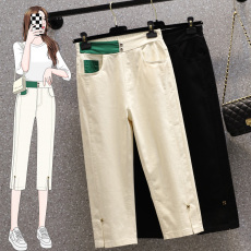 批发实拍夏新款欧版大码直筒 弹力七分休闲女裤胖MM薄款高腰7分中裤