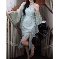 批发【2023 03/27上新】青鸾月河 青绿色无袖复古旗袍连衣裙<b class='q'>春</b>款