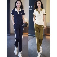 批发休闲跑步运动服套装女2023夏季新款洋气减龄翻领短袖直筒裤两件套