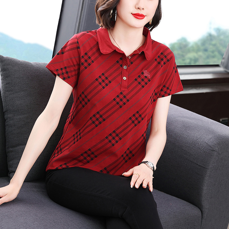 MY6510# 大码套头休闲妈妈半袖气质红色polo衫格纹短袖t恤女纯棉上衣女裝貨源服裝批發