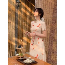 批发EIA一尧枫林晚新中式<b class='q'>复古</b>旗袍连衣裙女夏季印花收腰显瘦长裙