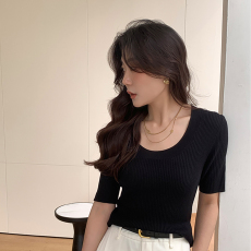 韩版ins低圆领优质针织衫柔软曲珠冰丝面料修身显瘦T恤女夏百搭