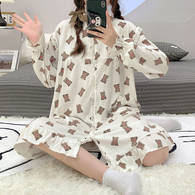 新宝# 长袖睡裙女春秋季新款邹布棉纱纯棉睡衣夏季薄款家居服