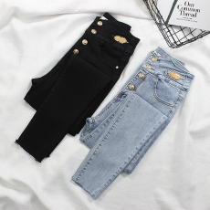 批发高品质  金叶子装饰高腰牛仔裤女紧身<b class='q'>显瘦</b>小脚牛仔铅笔裤