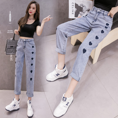 实拍刺绣爱心哈伦牛仔裤女2023夏季韩版高腰显瘦直筒烟管小脚裤潮