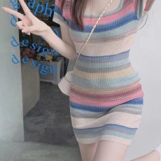 纯欲甜辣风彩色条纹短袖针织吊带连衣裙女夏收腰性感显瘦包臀短裙