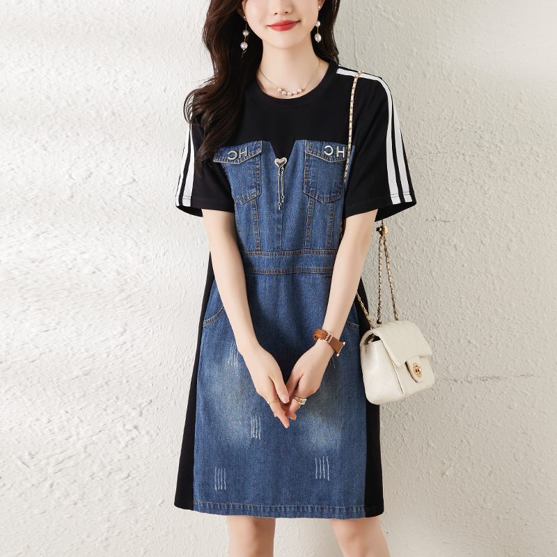 MY3776# 欧洲站大码女装夏季新款韩版减龄拼接牛仔时尚宽松休闲连衣裙女裝貨源服裝批發