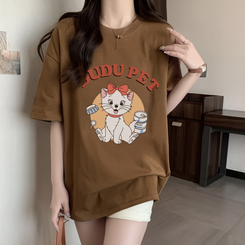 Real shot 2024 spring and summer new style 100% cotton combed cotton printed summer short-sleeved T-shirt women's loose Korean version