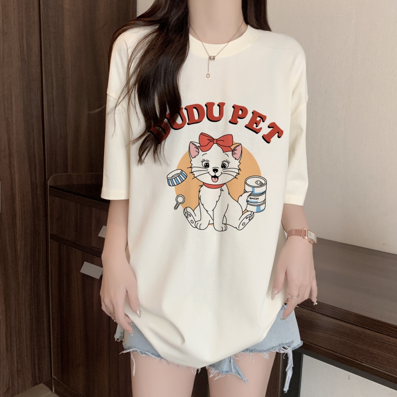 Real shot 2024 spring and summer new style 100% cotton combed cotton printed summer short-sleeved T-shirt women's loose Korean version