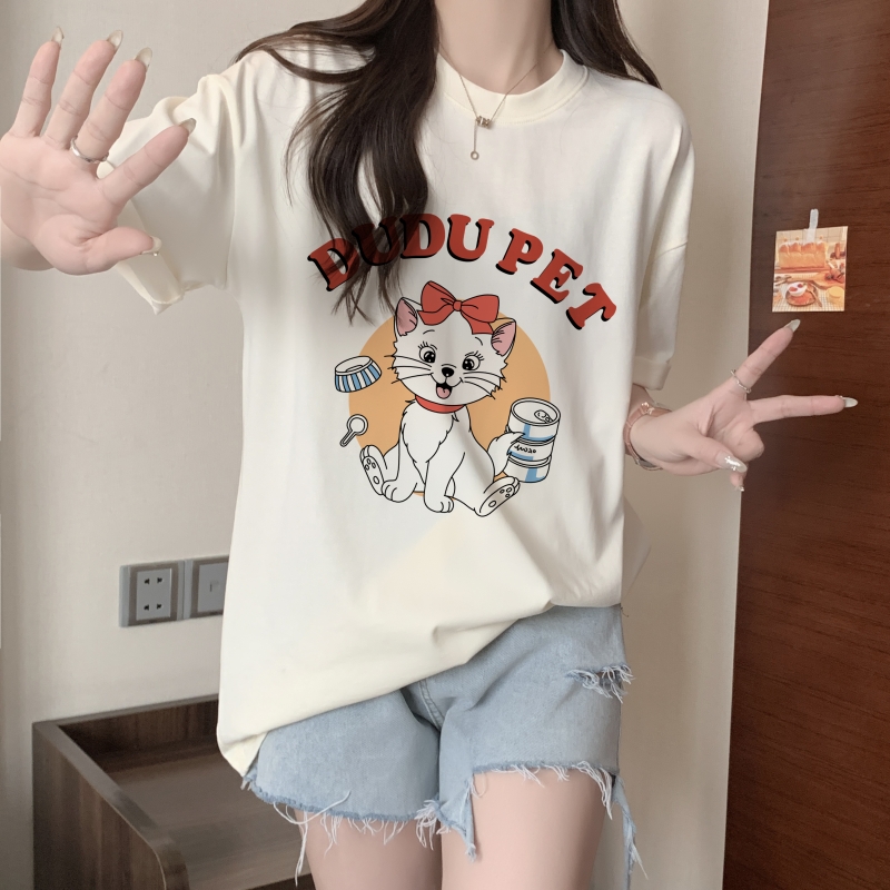 Real shot 2024 spring and summer new style 100% cotton combed cotton printed summer short-sleeved T-shirt women's loose Korean version