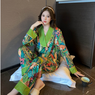 直播爆款2023春秋新款睡衣女冰雪丝长袖冰丝家居服套装薄款