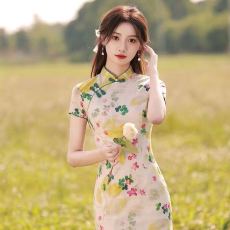 批发改良旗袍2023年新款大码女装夏季素雅<b class='q'>复古</b>中国风花朵中长款连衣裙