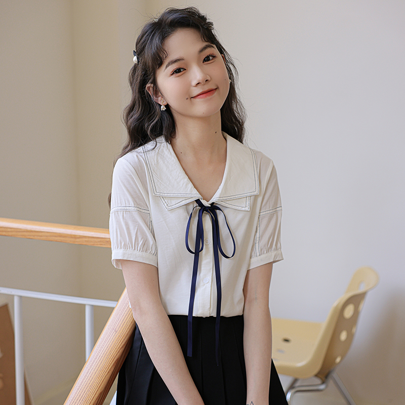 실사 2026 년 여름 외국 가스 귀여운 한국 스타일 작은 청신 달콤함 거품 소매 더블 칼라 셔츠 맨위 미니멀리즘