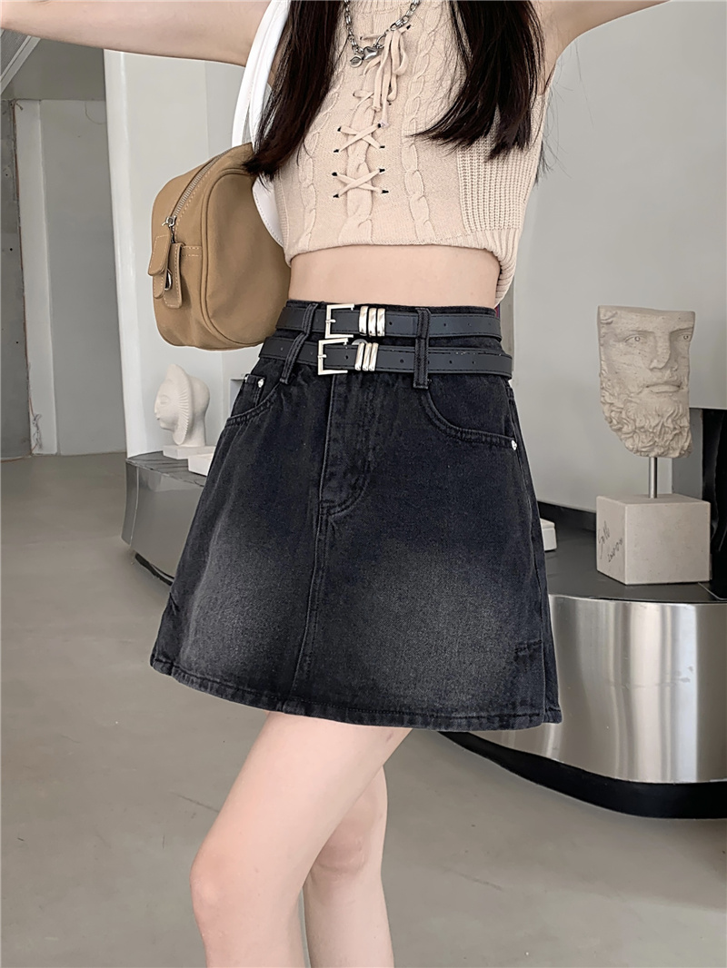 Actual shot and real price Korean style double belt design anti-exposure high-waisted denim half-length A-line skirt