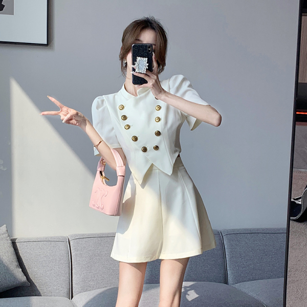 RM8870#法式高级感小香风泡泡袖立领双排扣短款高腰半裙两件套