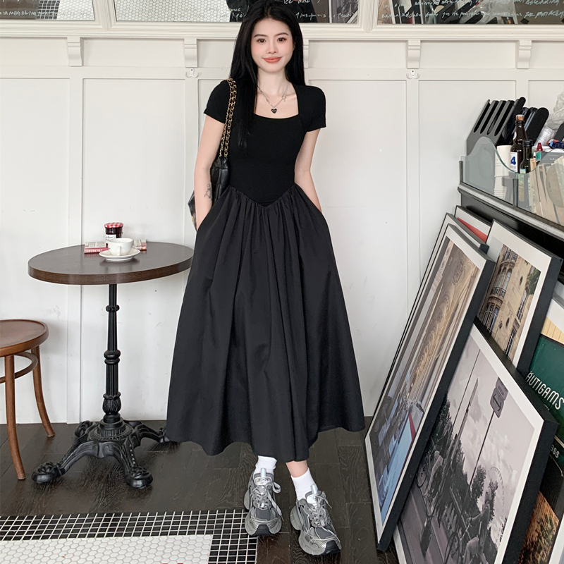 검은 백조 작은 대중 디자인 센스 광장 칼라 니트 패치워크 여성 드레스 검정색 반팔 대 치마 주머니 길다 치마