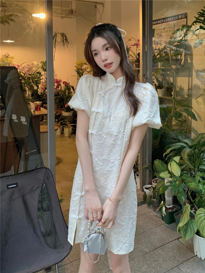 Real shot!  New Chinese style cheongsam improved version puff sleeve button dress for women elegant and sweet stand collar skirt