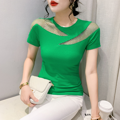 实拍2023夏新款短袖T恤小众性感熟女镂空镶钻时尚小衫女修身显瘦