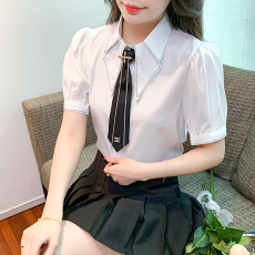 实拍#2023夏季新款修身显瘦白色小领带职业衬衫女小衫