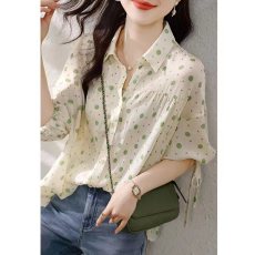 批发2023夏季新款韩版飘逸仙女风衬衣女波点百搭翻领短袖衬衫女