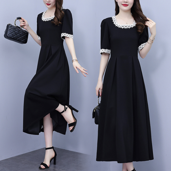 RM8680#大码胖mm2023年夏季新款气质减龄长裙收腰显瘦黑色连衣裙女