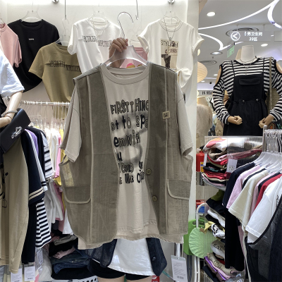 E.Hao春季新款时尚套装女韩版印花字母短袖T恤+无袖透视马甲外套