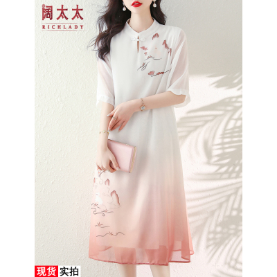 2023夏季新品改良式旗袍新中式大码女装中国风真丝印花连衣裙