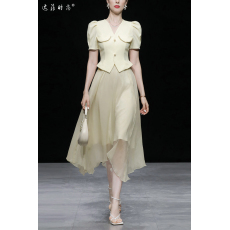 批发新款夏季女装小香气质<b class='q'>两件套</b>米色短款上衣+百搭<b class='q'>雪纺</b>长裙