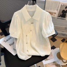 批发实拍2023年春夏新款雪纺短袖衬衫女夏新中式盘扣兔年<b class='q'>t</b>恤天丝上衣