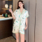 睡衣女2023年夏季新款仿真丝性感印花短袖V领开衫冰丝家居服套装轮播图1