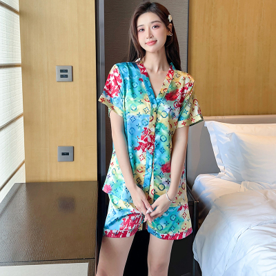睡衣女2023年夏季新款仿真丝性感印花短袖V领开衫冰丝家居服套装