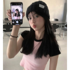 特价纯棉92棉8氨纶抖音质量撞色拼接短款修身小众短袖T恤