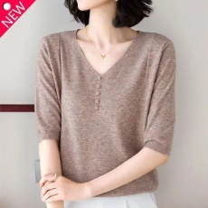 批发春夏季大码<b class='q'>妈妈</b>装V领中袖针织衫七分袖打底衫<b class='q'>毛衣</b>短款外套上衣T恤
