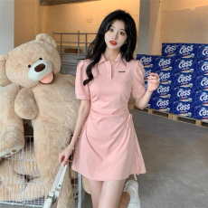 批发polo领连衣裙女春夏2026新款抽绳收腰修身显瘦甜辣风纯欲短袖裙子