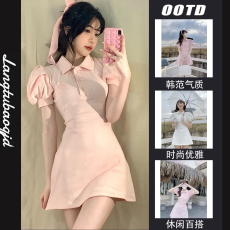 批发2026年春夏季新款高级感蓝法式泡泡袖学院风polo领连衣裙公主清纯