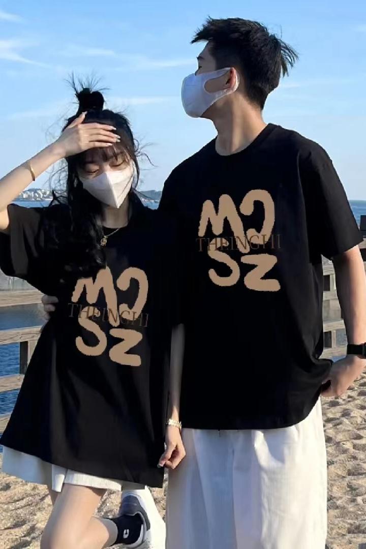RM6505#爆款落肩宽松版型200克纯棉后包边短袖T恤印花款