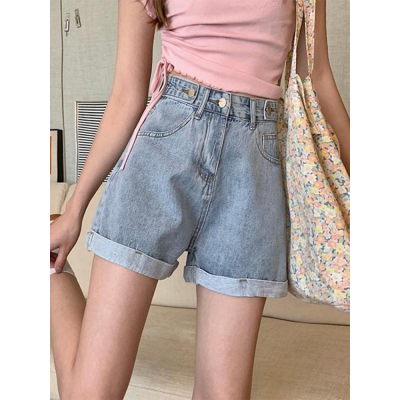 大码卷边牛仔短裤女夏宽松高腰微胖妹妹女生穿搭显瘦适合胯大腿粗