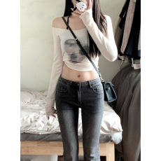 批发实拍实价 春夏新<b class='q'>个性</b>扎染大领口修身长袖修身显瘦上衣女