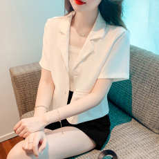 批发实拍法式西装小外套女短袖2023年新款休闲小口袋复古开衫短款上衣