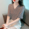 德玛纳条纹短袖衬衫女2023夏季新款V领设计感通勤减龄洋气T恤小衫轮播图1
