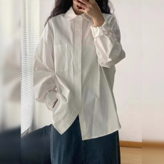 纯棉长袖衬衫女秋冬2022新款白色polo领内搭衬衣vintage上衣ins潮