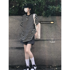 批发哺乳衣百搭黑白条纹宽松短袖T恤夏季新款<b class='q'>休闲</b>慵懒风喂奶衣套装潮