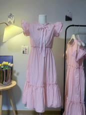 CSSFIT 23/ss 油画少女 粉色条纹小飞袖连衣裙/长短版