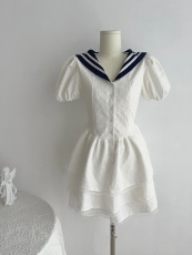 LULUSWINGS原创设计少女水手JK制服海军领白色收腰连衣裙甜美短裙